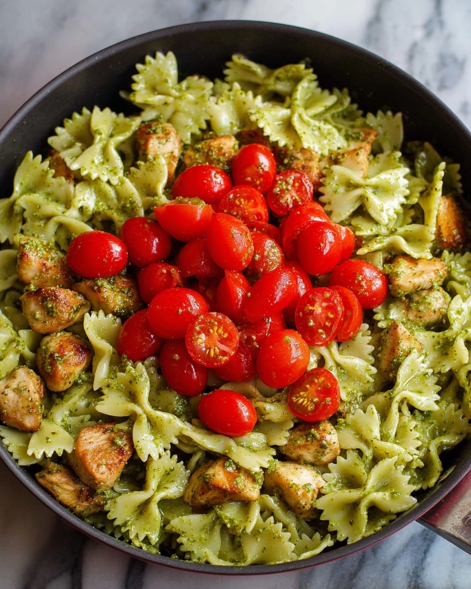 A close-up image of a skillet filled with three layers: at the bottom, light green farfalle pasta coated evenly with a green pesto sauce; scattered throughout the pasta are small pieces of cooked chicken with a golden-brown outside; on top, a layer of bright red cherry tomatoes sliced in half, arranged roughly in the center. The skillet is placed on a white marbled surface. Photo taken with an iphone --ar 4:5 --v 7