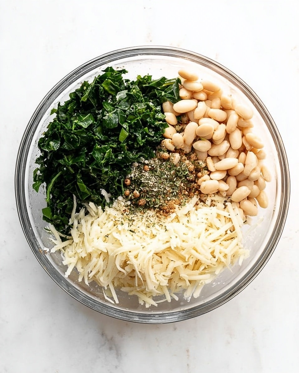 A clear glass bowl sits on a white marbled surface filled with three main ingredient sections: on the left, a pile of deep green chopped leafy vegetables, at the top right, a heap of small, pale beige beans, and at the bottom right, a mound of shredded off-white cheese. The center has a sprinkle of light brown and black spices scattered lightly over the ingredients. The image is bright and clear. photo taken with an iphone --ar 4:5 --v 7