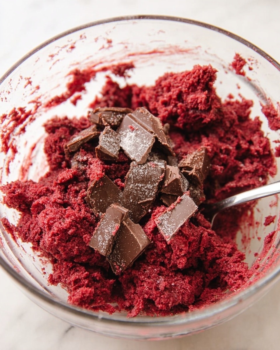 A clear glass bowl filled with deep red dough as the bottom layer, with large pieces of milk chocolate scattered unevenly on top. The dough looks soft and textured, with bits of red sticking to the bowl sides. The chocolate pieces vary in size, with some having a light dust of white powder. The bowl sits on a white marbled surface, and a metal spoon part is just visible inside the bowl. photo taken with an iphone --ar 4:5 --v 7