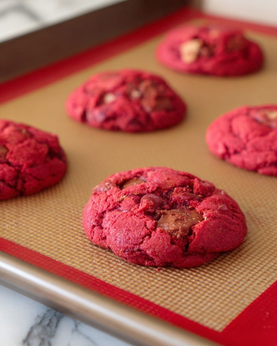 The image shows a baking tray with six red cookies on a tan silicone baking mat. Each cookie is round and slightly puffy with a cracked surface texture, revealing a soft interior with chunks of light brown chocolate embedded in the dough. The cookies have a vibrant red color, and the baking tray sits on a white marbled surface. The focus is on the front cookie, with the others blurred in the background. photo taken with an iphone --ar 4:5 --v 7