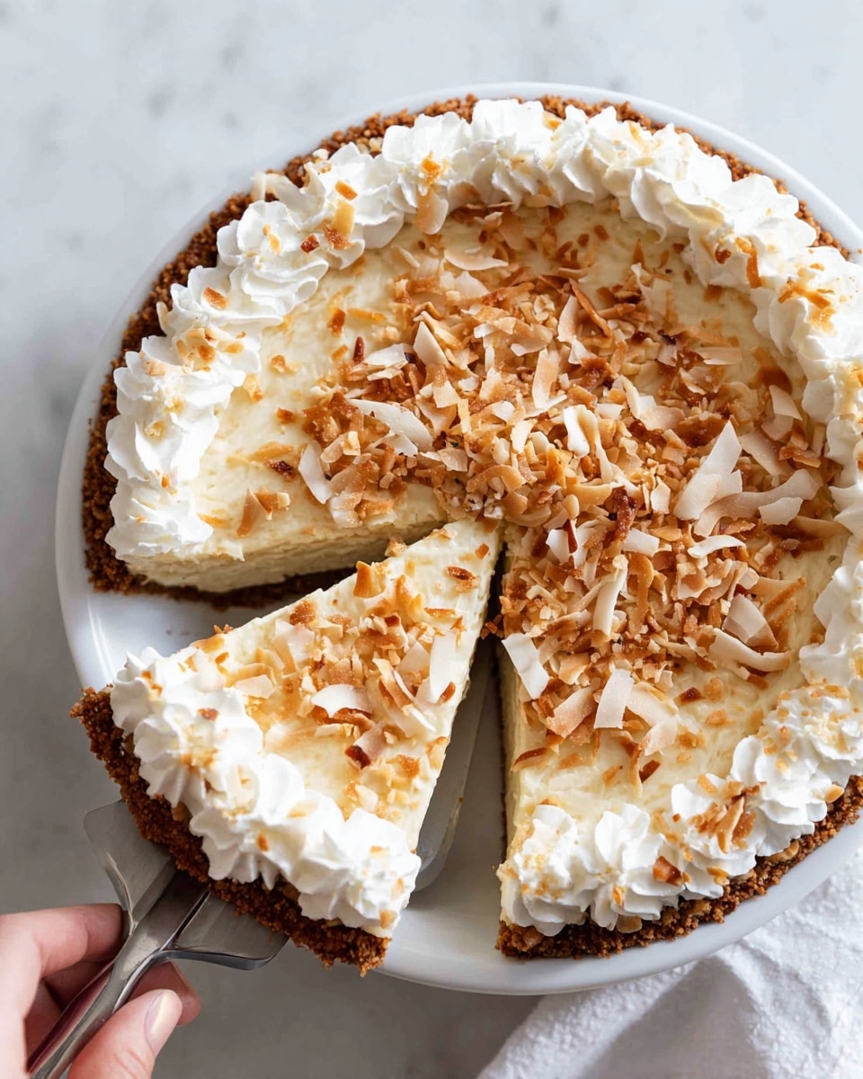 A round coconut pie sits on a white plate over a white marbled surface. The pie has two visible layers: a golden-brown crust forming the base and a creamy off-white filling in the middle. The top is decorated with a thick border of white, fluffy piped cream around the edge. The center of the pie is sprinkled with toasted golden-brown coconut flakes and small pieces of pecans scattered evenly. A slice is being lifted from the pie with a silver serving tool held by a woman's hand, showing the same layers and texture as the whole pie. Photo taken with an iphone --ar 4:5 --v 7
