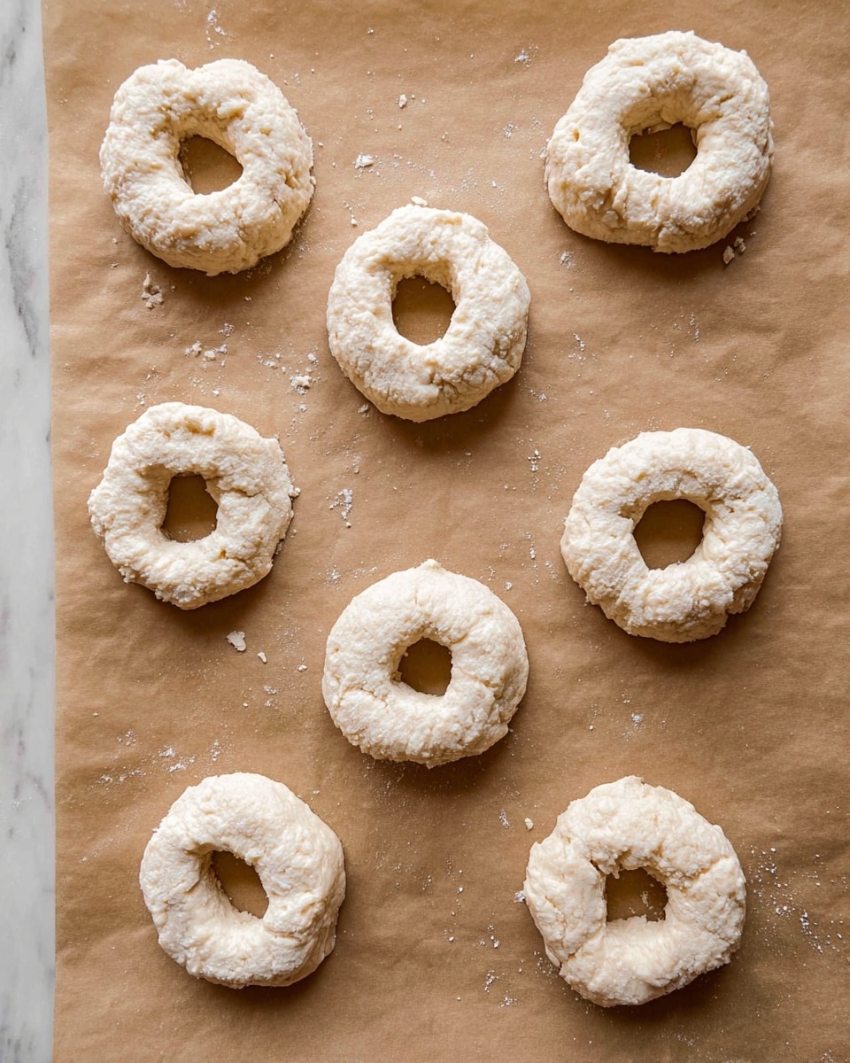The image shows eight raw dough rings arranged on brown baking paper over a flat surface. Each dough ring has a rough, textured surface with a hole in the middle and is unevenly shaped, showing a pale off-white color with some small lumps. The rings are spaced out, with some slightly touching, and tiny bits of flour dust are scattered around them. The background is a white marbled texture. photo taken with an iphone --ar 4:5 --v 7