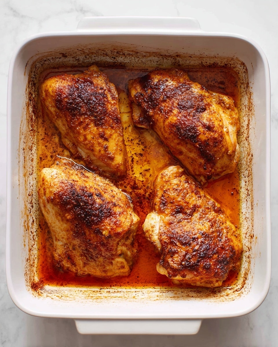 A white ceramic baking dish holds four pieces of cooked chicken with a deep golden brown and slightly crispy textured surface, showing darker seasoned spots. The pieces are arranged side by side in one layer, sitting in a thin layer of reddish-brown juices and oil that has pooled at the bottom. The edges of the dish have some browned and slightly burnt bits of seasoning and cooking residue. The dish is set on a white marbled surface. photo taken with an iphone --ar 4:5 --v 7