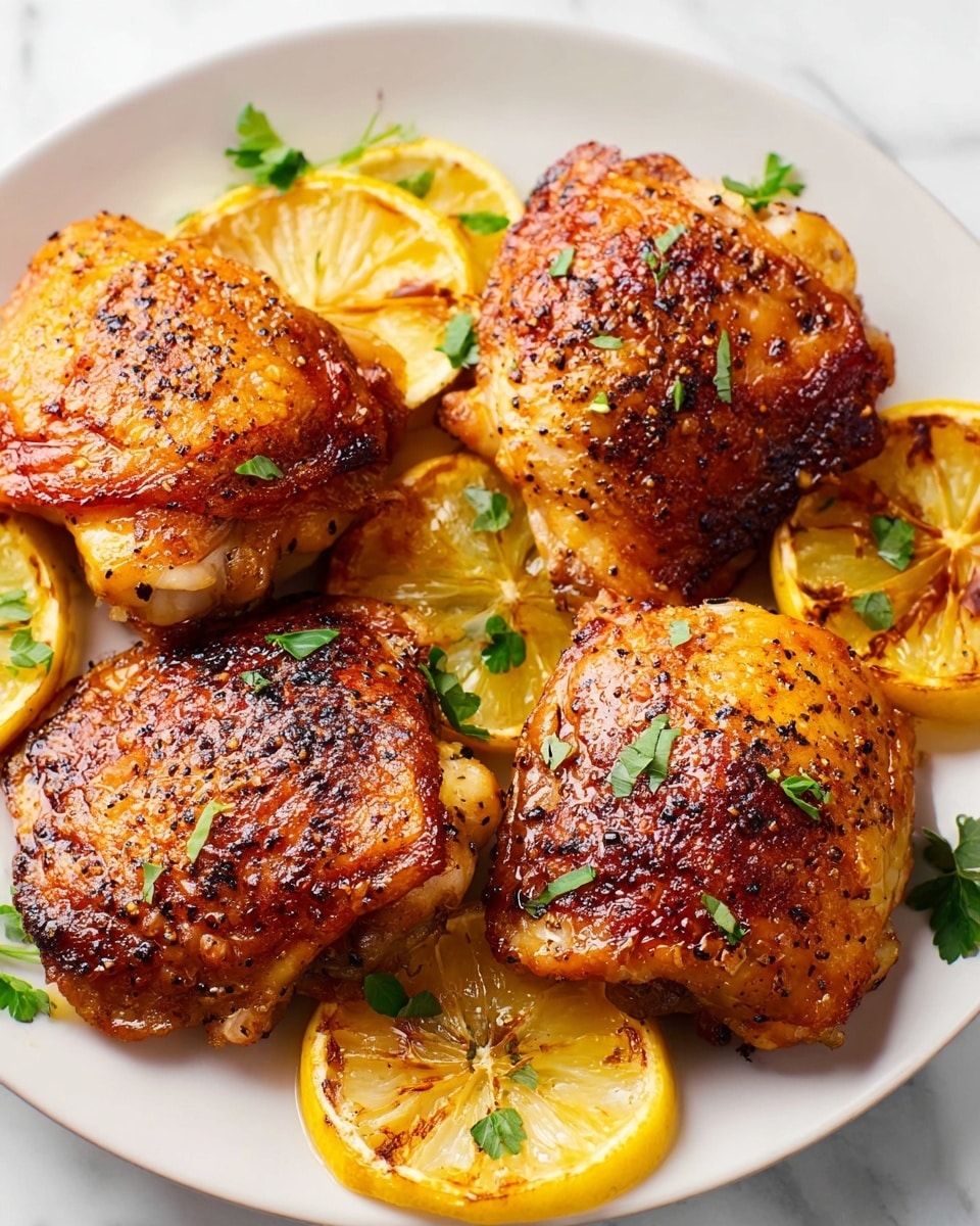 The image shows a white plate with four cooked chicken pieces that have a rich, golden-brown crispy skin. The chicken is arranged evenly across the plate, with grilled lemon slices placed between and partly under the chicken, adding a bright yellow contrast with slight char marks. Fresh green chopped herbs are scattered on top and around the chicken, giving a fresh, vibrant touch. The white marbled surface beneath the plate is clean and bright, with lemon wedges and a small dish with more green herbs visible in the blurred background. A woman's hand with a striped cloth is visible near the bottom left corner. photo taken with an iphone --ar 4:5 --v 7
