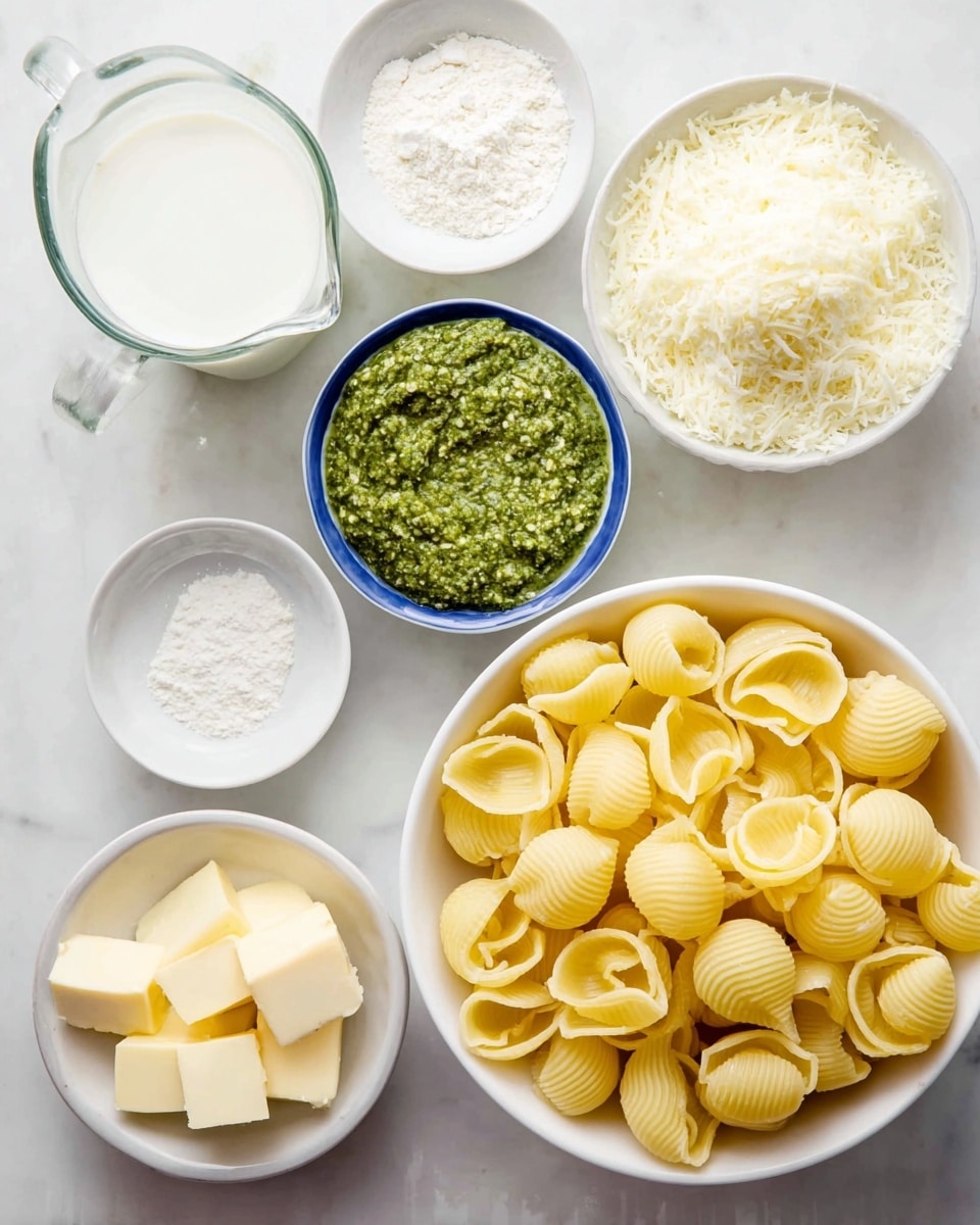 The image shows six white bowls and a clear glass measuring cup arranged neatly on a white marbled surface. The largest bowl is filled with yellow shell-shaped pasta, showing a smooth and slightly ridged texture. There is a bowl of finely grated white cheese, with a fluffy texture, placed to the right. Above it is a bowl filled with a thick, green, chunky pesto sauce. In the lower middle is a small bowl with three light yellow cubes of butter. To the left of the butter is a clear glass measuring cup filled with white milk, and above the milk are two small white bowls, one containing white flour and the other holding small amounts of white salt and pepper. photo taken with an iphone --ar 4:5 --v 7
