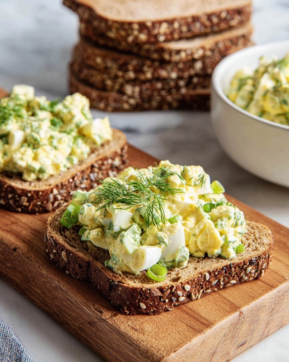 Two slices of multigrain brown bread lie on a wooden board with seeds visible in the crust. On top of each slice is a thick layer of chunky, creamy egg salad with chopped green herbs and small pieces of green onion mixed in, giving it a fresh green and yellow color. The egg salad looks soft and moist, with bits of white egg and bright green vegetables spread unevenly. Behind the bread slices, there is a stacked pile of more multigrain bread and a white bowl filled with more egg salad, all set against a white marbled surface. photo taken with an iphone --ar 4:5 --v 7
