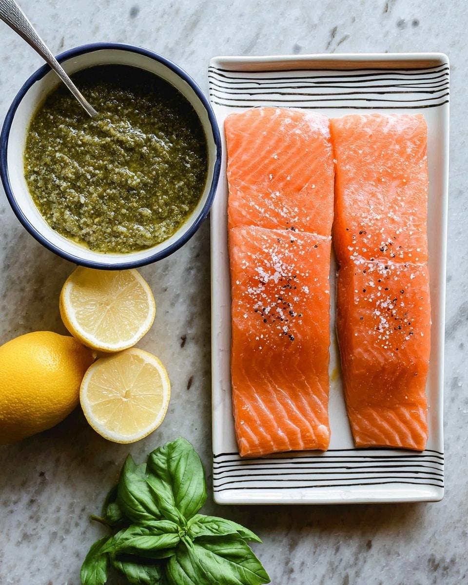 Two rectangular pieces of raw salmon with a bright orange color and slight white marbling are placed side by side on a white rectangular plate with thin, horizontal black stripes. The salmon is lightly sprinkled with coarse salt and black pepper. To the left of the plate, there is a white bowl with a dark blue rim filled with a green, chunky sauce and a silver spoon resting inside it. Below the bowl, two halves of a bright yellow lemon and some fresh green basil leaves are arranged. The items are all set on a white marbled textured surface. photo taken with an iphone --ar 4:5 --v 7