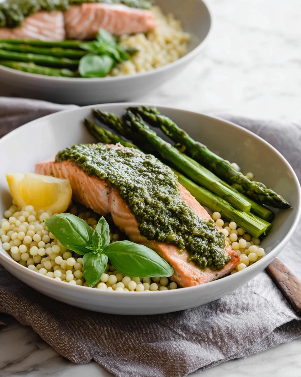 A white bowl holds a bed of small, round beige and light green couscous grains as the first layer. On top of the couscous, there is a pink salmon fillet covered with dark green pesto sauce, placed slightly diagonally. Next to the salmon are three bright green asparagus spears arranged parallel to the fish. A fresh green basil leaf rests on the salmon near its bottom side. A small yellow lemon wedge sits at the edge of the couscous near the asparagus. The bowl is set on a light gray cloth on a white marbled surface. In the background, another similar bowl is slightly out of focus. photo taken with an iphone --ar 4:5 --v 7