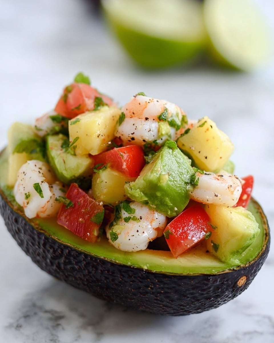 The image shows a close-up of a woman's hand holding half of an avocado filled with a colorful mix of seafood salad. The salad inside the avocado has three main layers: the dark green avocado skin on the outside, the smooth light green avocado flesh as the first inner layer, and a chunky mixture of small shrimp, diced red tomatoes, yellow mango, green jalapenos, chopped white onions, and fresh green cilantro sitting on top. The background is a white marbled texture, softly blurred to keep the focus on the avocado and salad. Photo taken with an iphone --ar 4:5 --v 7