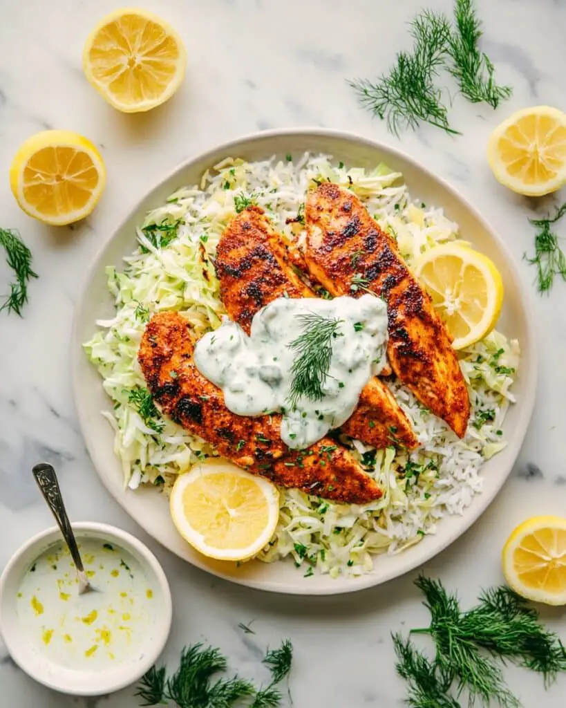 Blackened Salmon with Lemon Dill Sauce and Cabbage Slaw Recipe