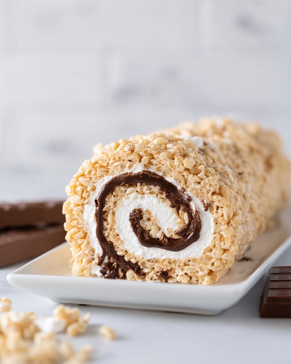 The image shows a close-up of a rolled dessert placed on a white rectangular plate. The dessert has three visible layers: the outer layer is a light golden, crispy rice cereal texture; the middle layer is white, creamy marshmallow filling; and the innermost layer is a dark, smooth chocolate swirl creating a spiral inside the roll. The background has a white marbled texture, with a piece of chocolate and some loose rice cereal slightly out of focus on the sides. Photo taken with an iphone --ar 4:5 --v 7