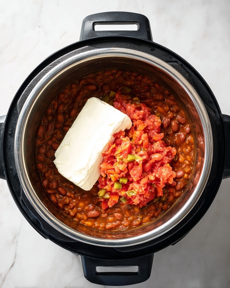 Inside a black electric pot with two black handles on each side, there is a thick red-brown mixture with visible beans forming the base layer. On top of the beans, there is a chunky layer of diced red and orange tomatoes mixed with small green pepper pieces, slightly wet and bright in color. Next to the tomato layer, there is a smooth, solid, white block of cream cheese, contrasting with the textured beans and tomatoes. The pot sits on a white marbled surface, and the photo is taken from directly above. photo taken with an iphone --ar 4:5 --v 7