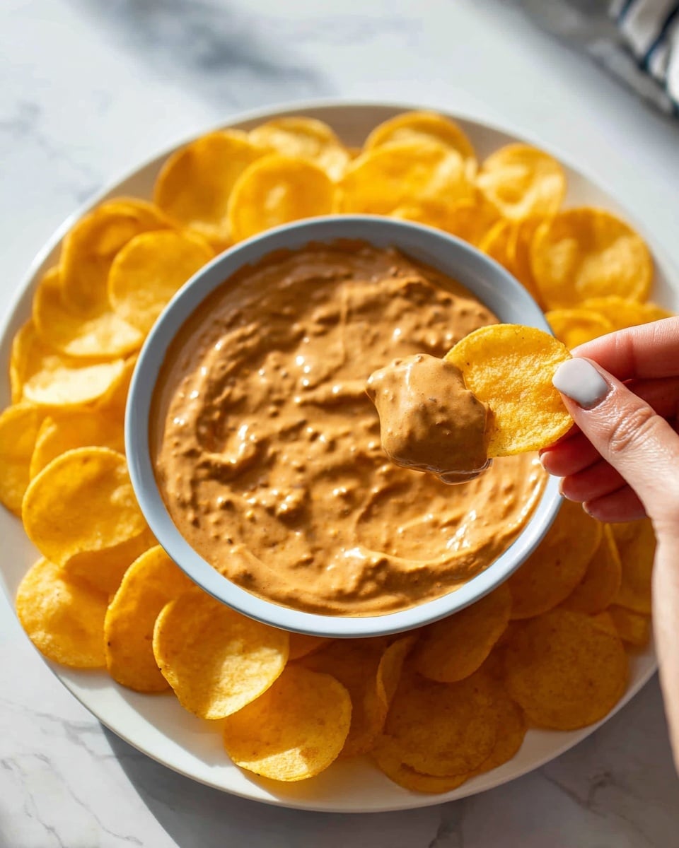 A white bowl filled with thick, creamy, light brown dip that has a slightly chunky texture. The bowl is placed on a white plate, which is surrounded by a ring of golden yellow round chips. A woman's hand holds one of the chips dipped generously into the sauce, showing the dip covering the chip’s curved surface. The scene is set on a white marbled surface, with a soft natural light enhancing the warm colors of the chips and dip. photo taken with an iphone --ar 4:5 --v 7