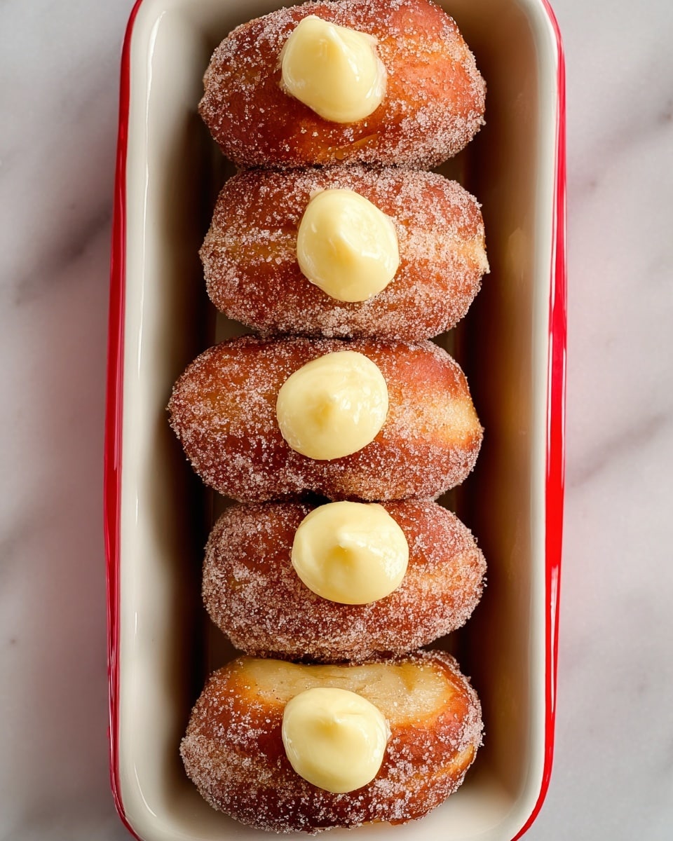 Five sugar-coated round doughnuts are stacked vertically inside a white rectangular dish with red edges. Each doughnut has a golden brown color with a slightly rough texture from the sugar coating. On top of each doughnut is a dollop of smooth, pale yellow cream filling, positioned near the center. The dish sits on a white marbled surface. photo taken with an iphone --ar 4:5 --v 7