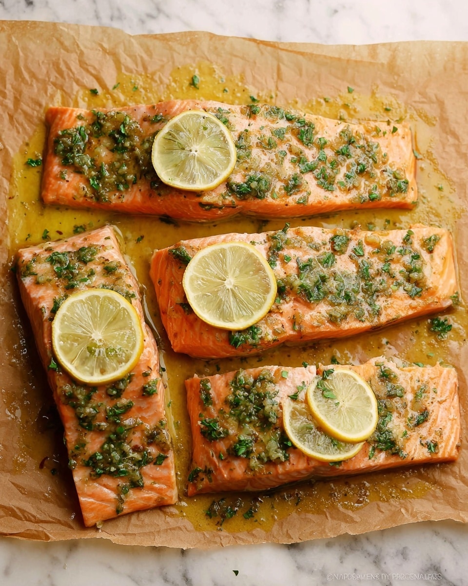 The image shows four pieces of cooked salmon fillet laid side by side on a brown parchment paper over a white marbled surface. Each salmon piece is a smooth light orange color with a glaze of green herbs and oil spread over the top, adding a shiny texture. On top of each fillet is a thin round slice of yellow lemon placed near one end. The glaze has a slightly oily look with small bits of green herbs scattered evenly on the salmon. The background is a white marbled texture that contrasts with the warm tones of the salmon and lemon slices. Photo taken with an iphone --ar 4:5 --v 7