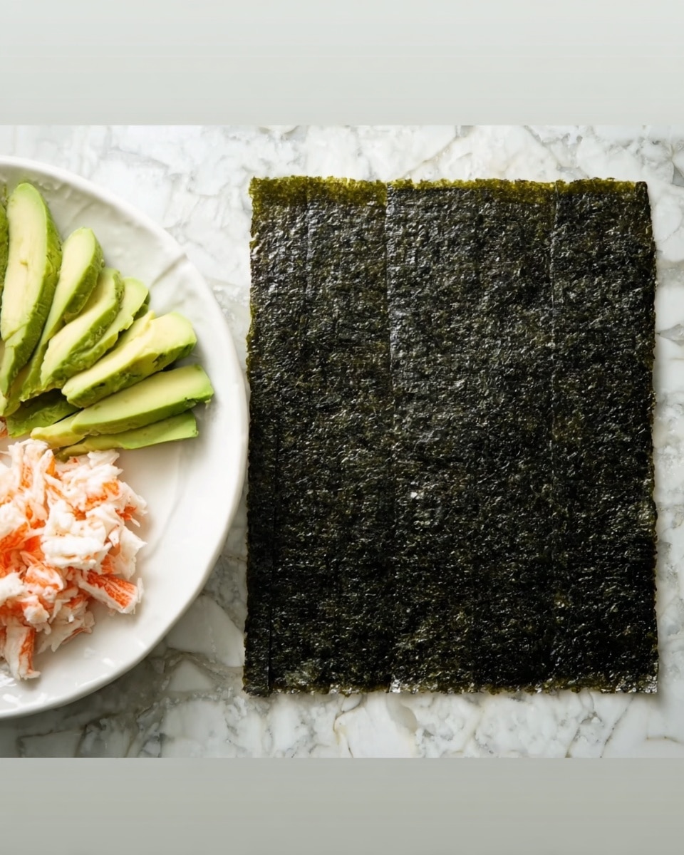 A sushi rolling mat with a dark green seaweed sheet laid flat on top is set on a white marbled surface. To the left, there is a white plate holding sliced avocado and chopped imitation crab meat, both fresh and colorful, arranged neatly at the edge of the frame. The sushi sheet shows a slightly rough and shiny texture, indicating freshness and readiness for rolling. The composition emphasizes the contrast between the dark seaweed and the bright green and orange ingredients on the plate, all set against the smooth, clean white marbled background. Photo taken with an iphone --ar 4:5 --v 7
