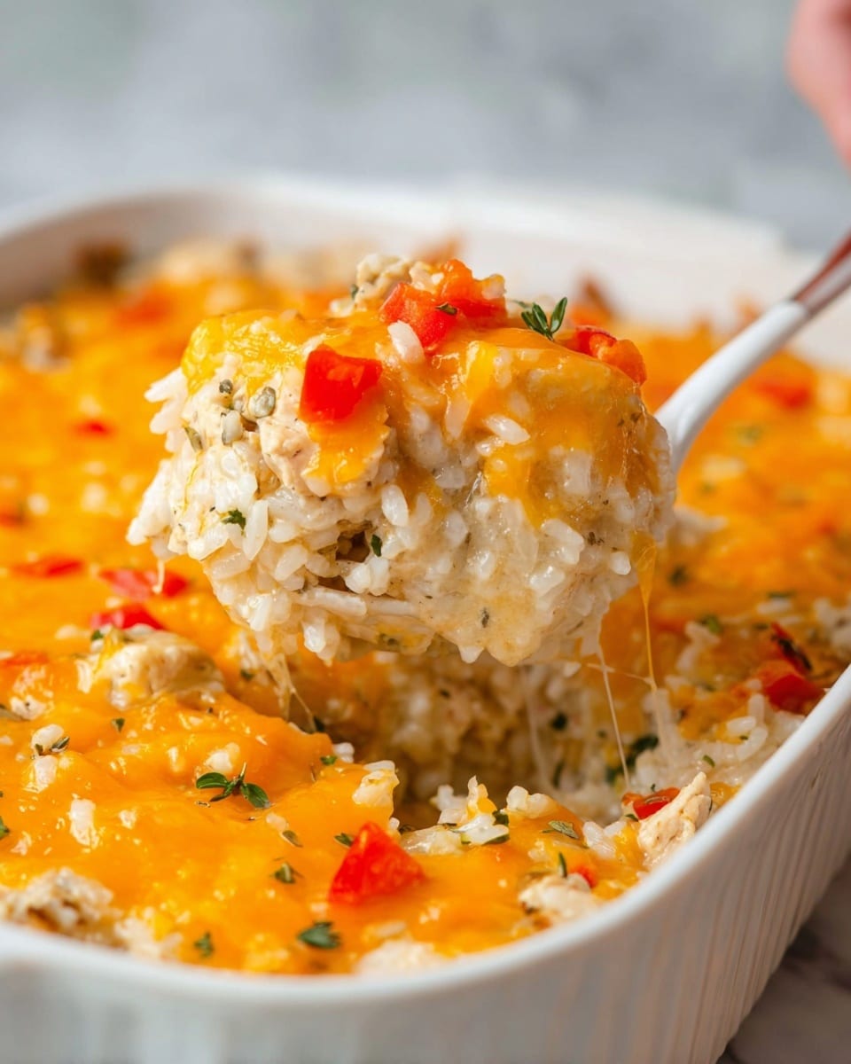 The image shows a close-up of a white casserole dish filled with a creamy rice dish topped with melted orange cheddar cheese and small pieces of red bell pepper. The dish has three visible layers: a base layer of white and slightly moist cooked rice mixed with small chunks of cooked chicken and herbs, a middle layer of red bell pepper bits adding spots of bright red, and a top layer of melted cheddar cheese creating a gooey, shiny, orange-yellow surface. The woman’s hand is holding a white spoon lifting a serving from the dish, showing the layers clearly with cheese melting around the rice and peppers. The background and surface are white with a marbled texture. photo taken with an iphone --ar 4:5 --v 7