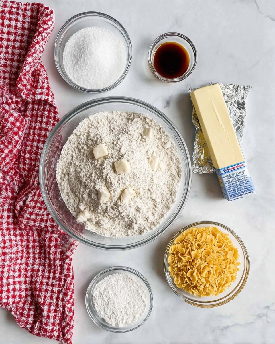 The image shows a top view of baking ingredients arranged on a white marbled surface. In the center is a large clear glass bowl filled with white flour with some small chunks on top. Above it, there is a smaller glass bowl with white granulated sugar to the left and a small glass bowl with a dark brown liquid, likely vanilla, to the right. To the right of the vanilla, a silver-wrapped stick of butter lies flat. Below the butter is a small glass bowl filled with white powdered sugar. At the bottom right, a small glass bowl holds crushed yellow corn flakes. On the left side of the image, a red and white checkered cloth is partially visible. The photo is taken with an iphone --ar 4:5 --v 7