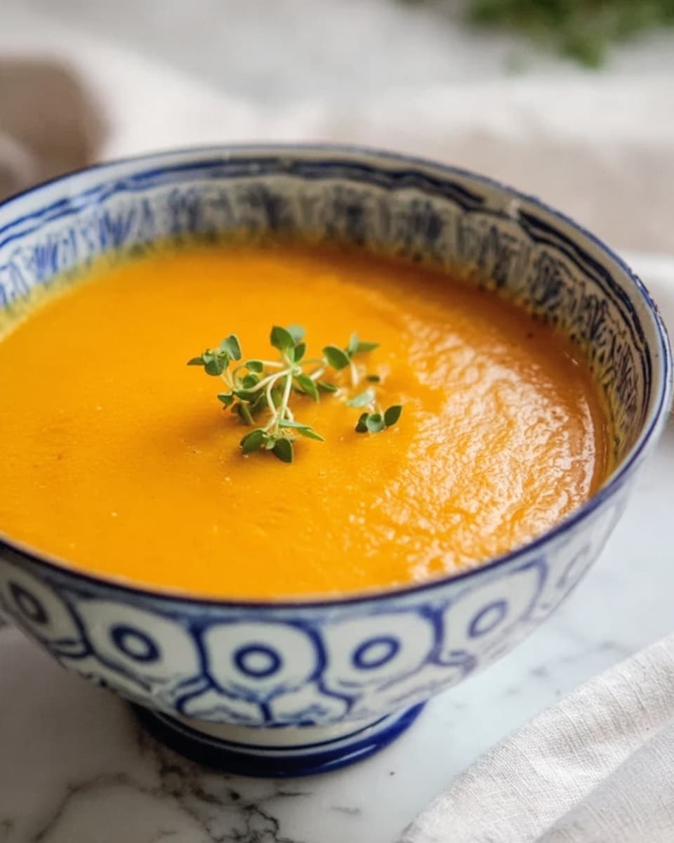 A bowl with a white base and blue round patterns around the outside is filled with smooth, bright orange soup. The soup surface is shiny and even, with a small sprig of green herbs placed gently in the center, adding a fresh touch. The bowl is set on a white marbled surface with a soft white cloth nearby. The colors are warm and inviting, and the focus is on the rich texture of the soup and the delicate herb garnish. photo taken with an iphone --ar 4:5 --v 7