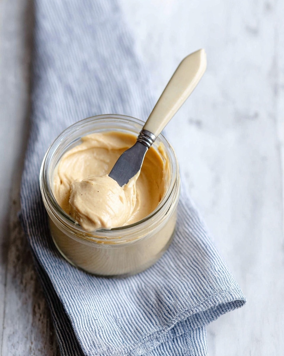 A small glass jar filled with a creamy, light beige spread that has a smooth but slightly textured surface. A small knife with a yellow handle is stuck into the spread, showing thick, soft swirls and a bit clumpy texture. The jar sits on a folded gray and white striped cloth, all placed on a white marbled surface. The image shows a close-up top view with natural light, highlighting the creamy texture and soft color of the spread photo taken with an iphone --ar 4:5 --v 7