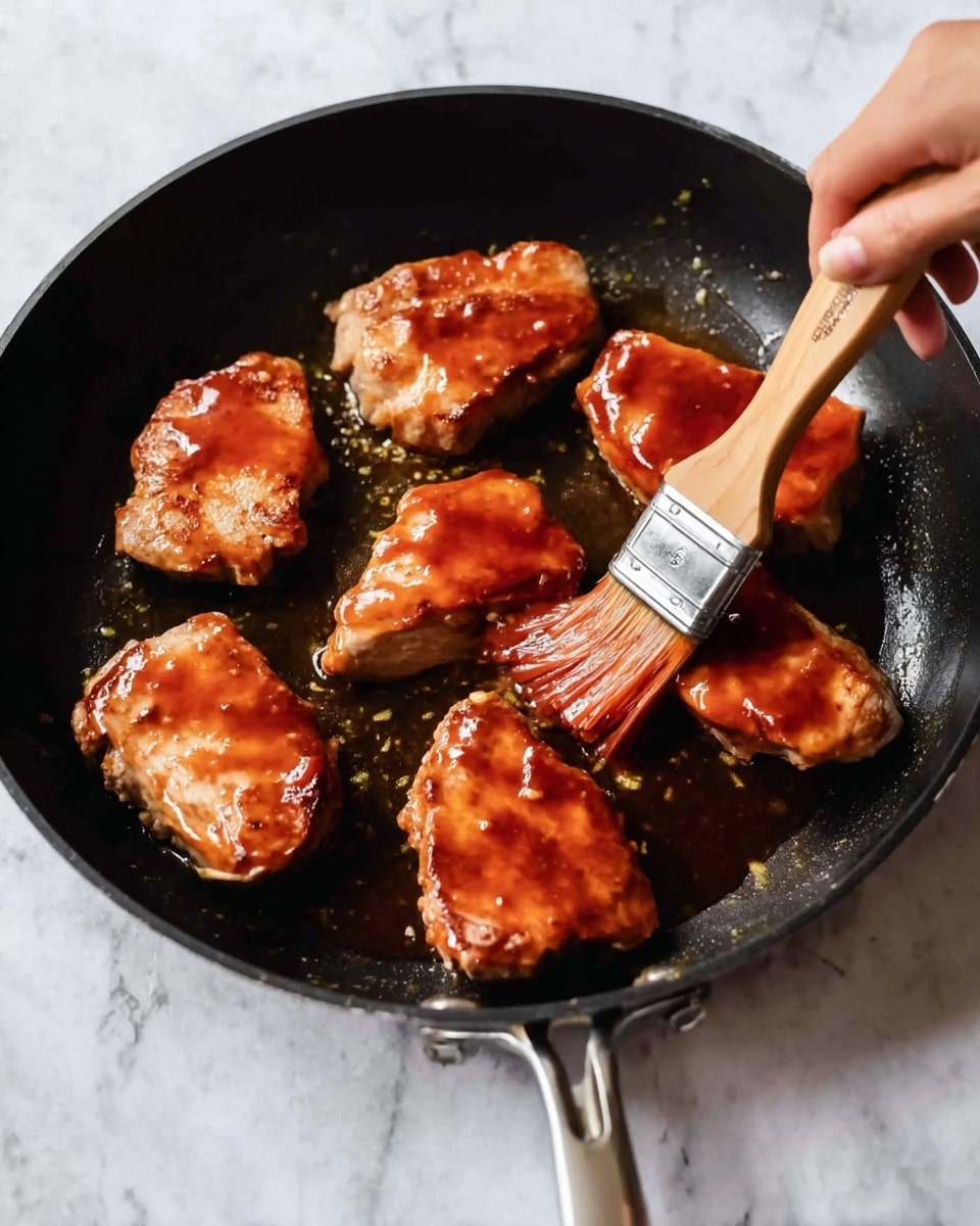 In the image, six pieces of cooked meat with a shiny, reddish-brown sauce are arranged inside a black frying pan. The meat pieces vary slightly in size and shape, showing a tender texture with a light sear on the edges. The sauce is being brushed onto one piece by a woman's hand holding a wooden brush with red sauce on its bristles. The frying pan sits on a surface with a white marbled texture. The colors are warm with the meat's golden brown contrasting with the glossy red sauce, and the pan's black surface making the food stand out clearly. photo taken with an iphone --ar 4:5 --v 7