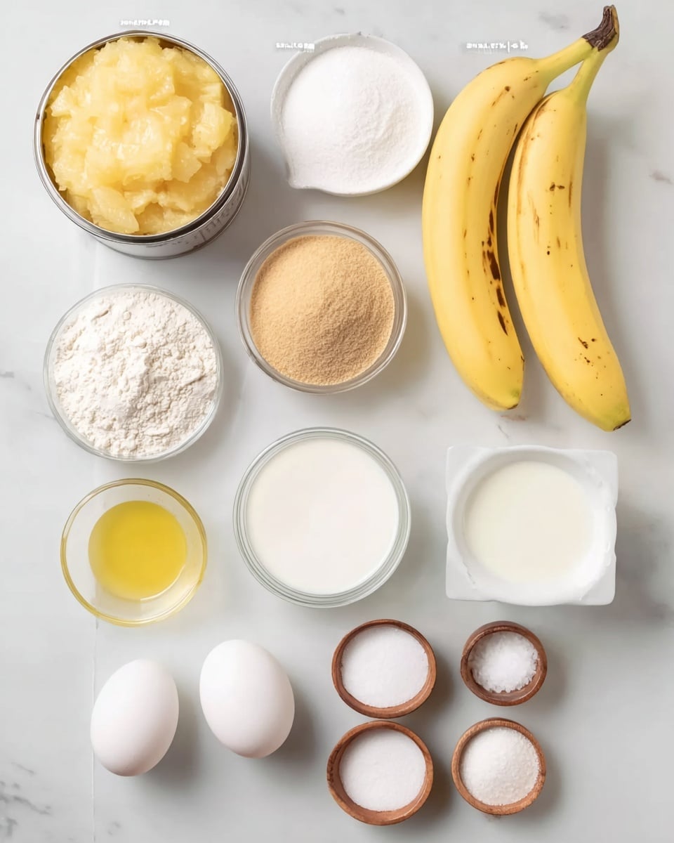 The image shows a neatly arranged collection of baking ingredients placed on a white marbled surface. At the top center is an open can filled with crushed pineapple, its pale yellow contents visible. Below it and slightly to the right is a small white bowl of white granulated sugar. In the middle left is a clear glass bowl holding light brown sugar, and to its right, two ripe yellow bananas lay side by side with small brown spots. To the right of the bananas is a clear glass bowl filled with white flour. Near the bottom left is a small white bowl with a golden yellow liquid, likely oil. Next to that is a glass cup containing white milk. Centered below the bananas are two white eggs in a small white ceramic dish. Near the bottom right are three small wooden bowls; one has white salt, another has a white powder mix (likely baking soda and baking powder), and the last one contains a small amount of white salt. Near the bottom left corner is a white bowl with vanilla extract. The whole photo is taken with an iphone --ar 4:5 --v 7
