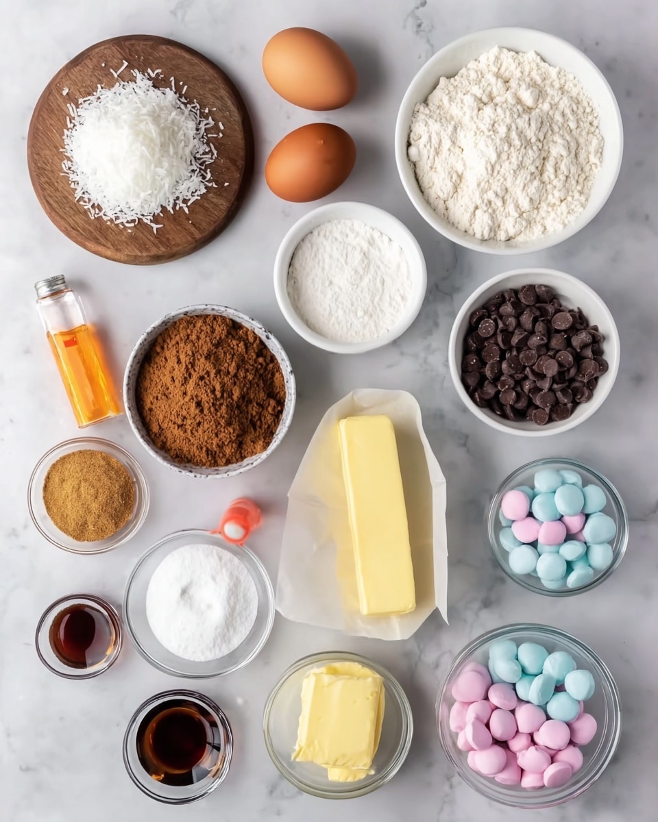The image shows several small bowls and containers of baking ingredients arranged neatly on a white marbled surface. From top left, a round wooden board holds white shredded coconut, a heap of white powder, and salt. Next to it are two brown eggs placed side by side. A clear white bowl filled with flour is at the top right. Below that, a white bowl holds dark chocolate chips. To the left, a white bowl filled with brown sugar sits near the center. Below it, a small clear bowl contains a white powder, while a stick of yellow butter is placed horizontally next to it. Two colored liquid bottles, one orange and one pink, lie beside the butter. A white bowl at the bottom right corner holds pastel-colored round candies. Below near the center, a small glass cup contains a dark liquid, likely vanilla. On the bottom left are three small containers: white powdered sugar, cocoa powder in a white bowl, and granulated white sugar in a glass bowl. Finally, a small glass bowl filled with a light yellow mix is at the bottom right. photo taken with an iphone --ar 4:5 --v 7