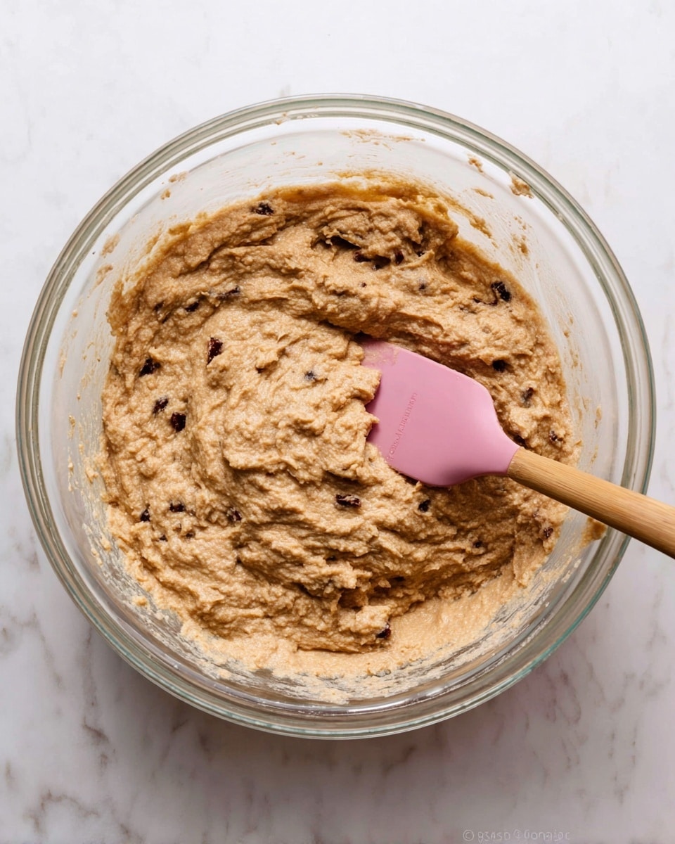 A clear glass bowl filled with light brown thick batter with a rough texture, showing small dark pieces mixed in throughout. A pink rubber spatula with a wooden handle rests inside, partially covered in the batter. The bowl sits on a white marbled surface. photo taken with an iphone --ar 4:5 --v 7