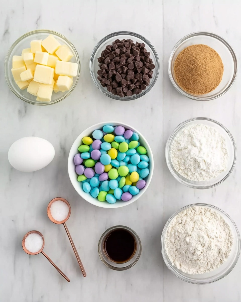 The image shows seven clear glass bowls and one white bowl arranged neatly on a white marbled surface. The top row has three clear bowls filled with cubed pale yellow butter on the left, dark brown chocolate chips in the middle, and light brown sugar on the right. Below, there is a white bowl filled with colorful round candies in various pastel shades of green, blue, yellow, purple, and pink placed in the center. On the bottom row, from left to right, there is a white egg, a small clear bowl with white sugar, a copper measuring spoon with dark vanilla extract, a white bowl filled with white flour, and a copper measuring spoon containing baking soda. Everything is arranged symmetrically with even spacing photo taken with an iphone --ar 4:5 --v 7
