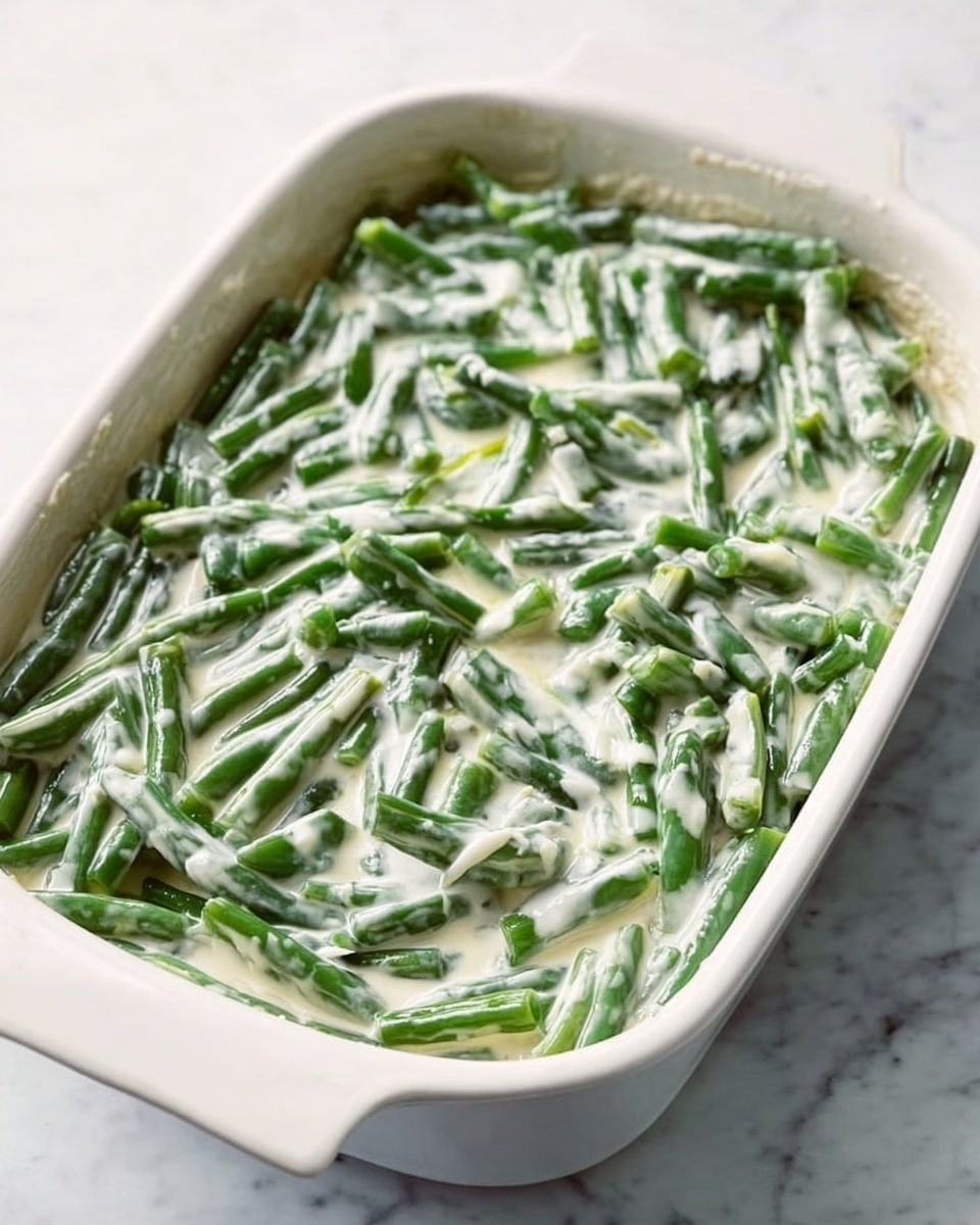 A white baking dish filled with a single layer of green bean pieces covered evenly with a creamy white sauce, the beans are bright green and cut into small sections, and the sauce has a smooth, thick texture that coats the beans, the dish is set on a white marbled surface photo taken with an iphone --ar 4:5 --v 7