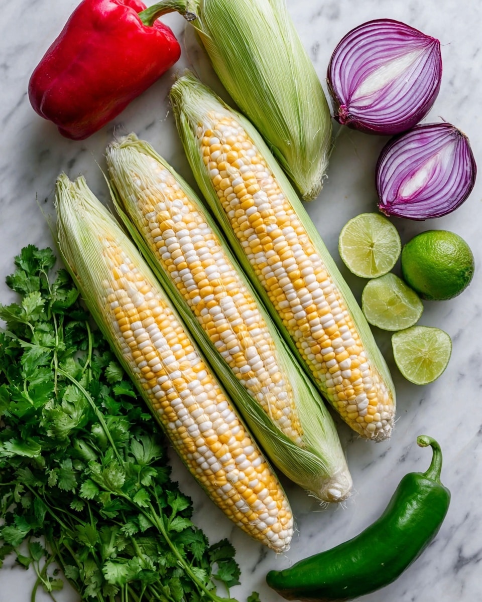The image shows three ears of corn with pale yellow and white kernels, two with green husks partially peeled back and one without, placed horizontally in the center on a white marbled surface. Near the top right, two halves of a purple onion with visible layers sit side by side. To the right, a green chili and a red bell pepper rest on the surface. At the bottom left, a bunch of fresh green cilantro lies next to several lime wedges and a whole lime. The vegetables are all fresh and have vivid colors, arranged neatly and naturally. Photo taken with an iphone --ar 4:5 --v 7