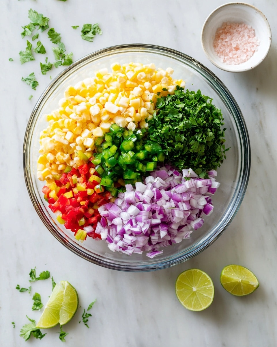 A clear glass bowl holds five layers of fresh, chopped ingredients arranged side by side. Starting from the top left, there are light yellow corn kernels with a soft, natural shine. Next to them, bright green chopped cilantro adds a leafy texture in the center. To the right of the cilantro, there is a pile of finely diced purple-red onions with white edges. Below the onions, there is a set of diced dark green jalapeños with a glossy look. Finally, at the bottom left side, small diced bright red bell peppers add a pop of color. Outside the bowl on the white marbled surface, there are two lime halves, one slightly squeezed, and a small white bowl with pink salt grains inside. A few scattered pieces of chopped herbs add detail around the bowl. The photo taken with an iphone --ar 4:5 --v 7
