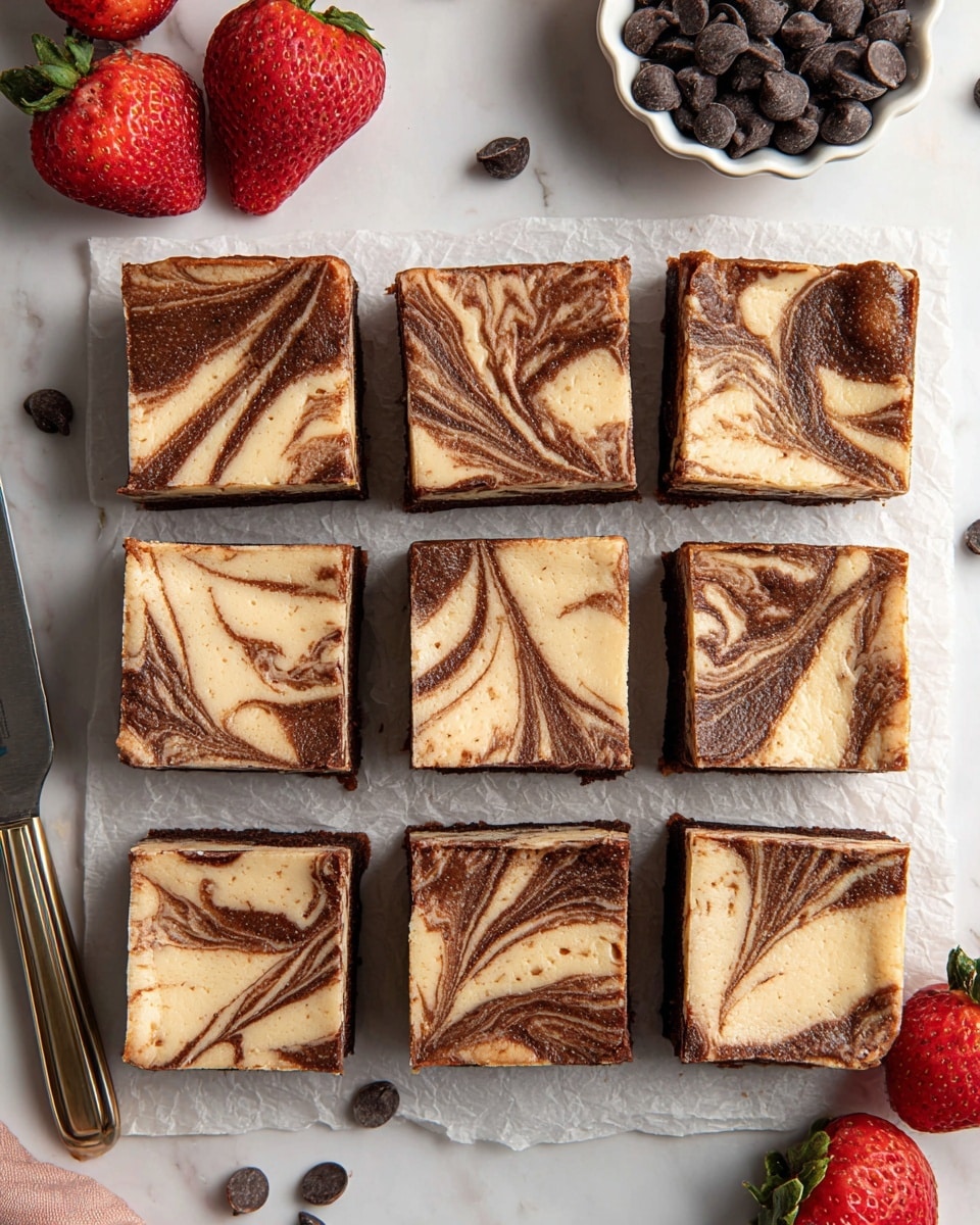 The image shows nine square pieces of marbled cheesecake bars arranged in three rows on a white marbled surface with a piece of white parchment paper underneath. Each bar has a light creamy layer with dark brown swirls creating a marble pattern on top, giving a smooth and slightly shiny texture. The bars look soft and thick, with a darker base layer visible beneath the swirled top. Around the bars, there are bright red strawberries, a small white scalloped bowl filled with dark chocolate chips, and some scattered chocolate chips adding color contrast. A silver knife lies to the left side near the top to bottom of the bars. Photo taken with an iphone --ar 4:5 --v 7