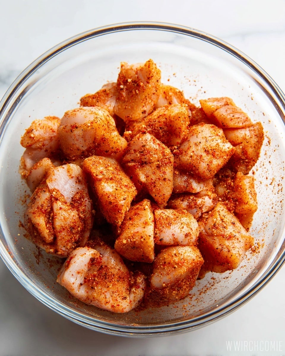 A clear glass bowl holds several pieces of raw chicken, cut into small chunks and coated with a dry reddish spice mix that gives the chicken a slightly dusty, textured look. The chicken pieces show a mix of light pink and white colors beneath the spice layer. The bowl sits on a white marbled surface, and there is no other visible object in the image. photo taken with an iphone --ar 4:5 --v 7