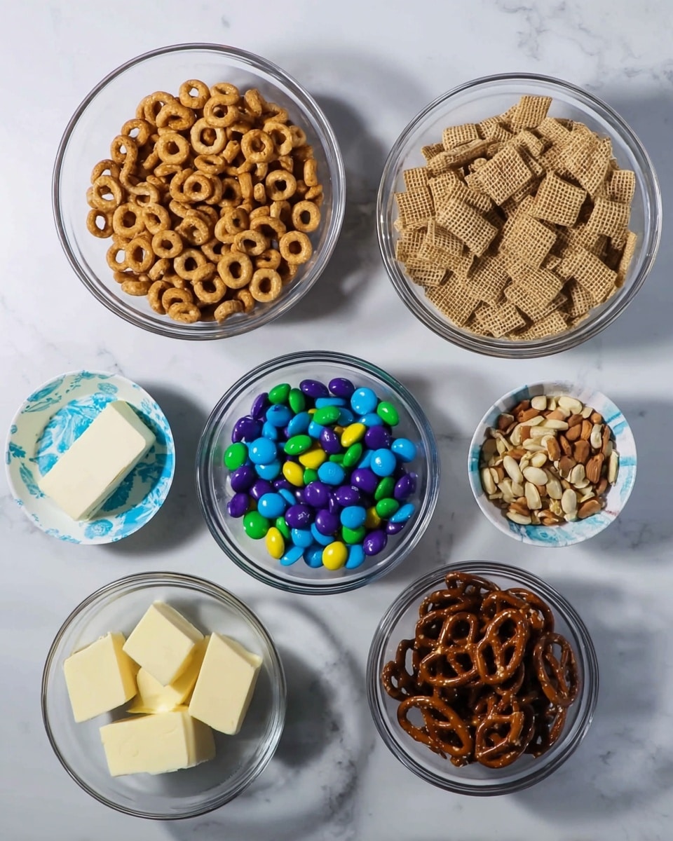 Six clear glass bowls and one white paper bowl with blue design hold different snack ingredients, all placed on a white marbled surface. The top-left bowl contains little round cereal rings in a warm brown color. The top-right bowl is filled with square light-brown cereal pieces with a woven texture. The top-right small bowl has mixed light and dark peanuts. Centered below these bowls is one filled with small, shiny candy-coated chocolate pieces in bright blue, green, yellow, purple, and brown colors. The bottom-right clear glass bowl holds small glossy pretzels in a rich dark brown. The white paper bowl at the bottom-left contains square blocks of pale yellow butter. The lighting shows bright, natural colors and soft shadows. Photo taken with an iphone --ar 4:5 --v 7