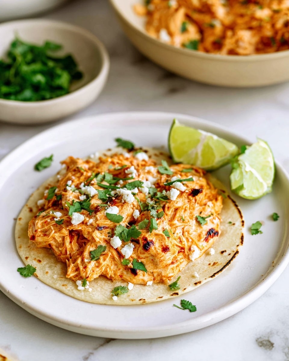 A white plate with a grilled soft tortilla as the bottom layer, topped with a thick, orange creamy shredded chicken mixture that has small red specks. The chicken layer is garnished with scattered bright green fresh cilantro leaves and crumbled white cheese. On the side of the tortilla, there are two lime wedges, one halved and the other whole, adding bright green accents. In the background, parts of a beige bowl filled with more shredded chicken and a small white bowl with extra cilantro can be seen on a white marbled surface photo taken with an iphone --ar 4:5 --v 7