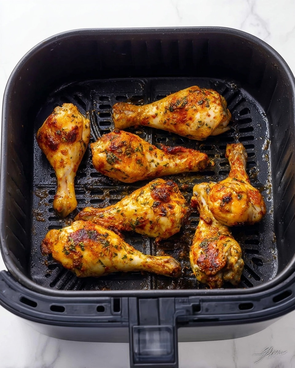 The image shows five cooked chicken drumsticks inside a black air fryer basket. The chicken drumsticks have a golden brown color with crispy skin, some parts showing a spicy reddish seasoning. The drumsticks are arranged in a scattered way, some lying flat and some tilted, showing their textured surface with small bits of herbs and spices. The air fryer basket has a grid at the bottom, and the handle is visible at the front. The photo background is a white marbled texture. photo taken with an iphone --ar 4:5 --v 7