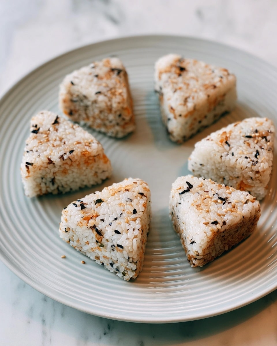 Six triangle-shaped rice balls are neatly placed on a white plate with circular ridges. Each rice ball has two visible layers: the top and bottom layers are made of white rice mixed with small bits of black seaweed and sesame seeds, giving a speckled texture of white, black, and light brown. The middle layer appears to have a slightly darker color with some orange and light brown elements, suggesting a filling. The rice balls are arranged in a loose circular pattern with soft lighting highlighting their texture. The plate rests on a white marbled surface. Photo taken with an iphone --ar 4:5 --v 7