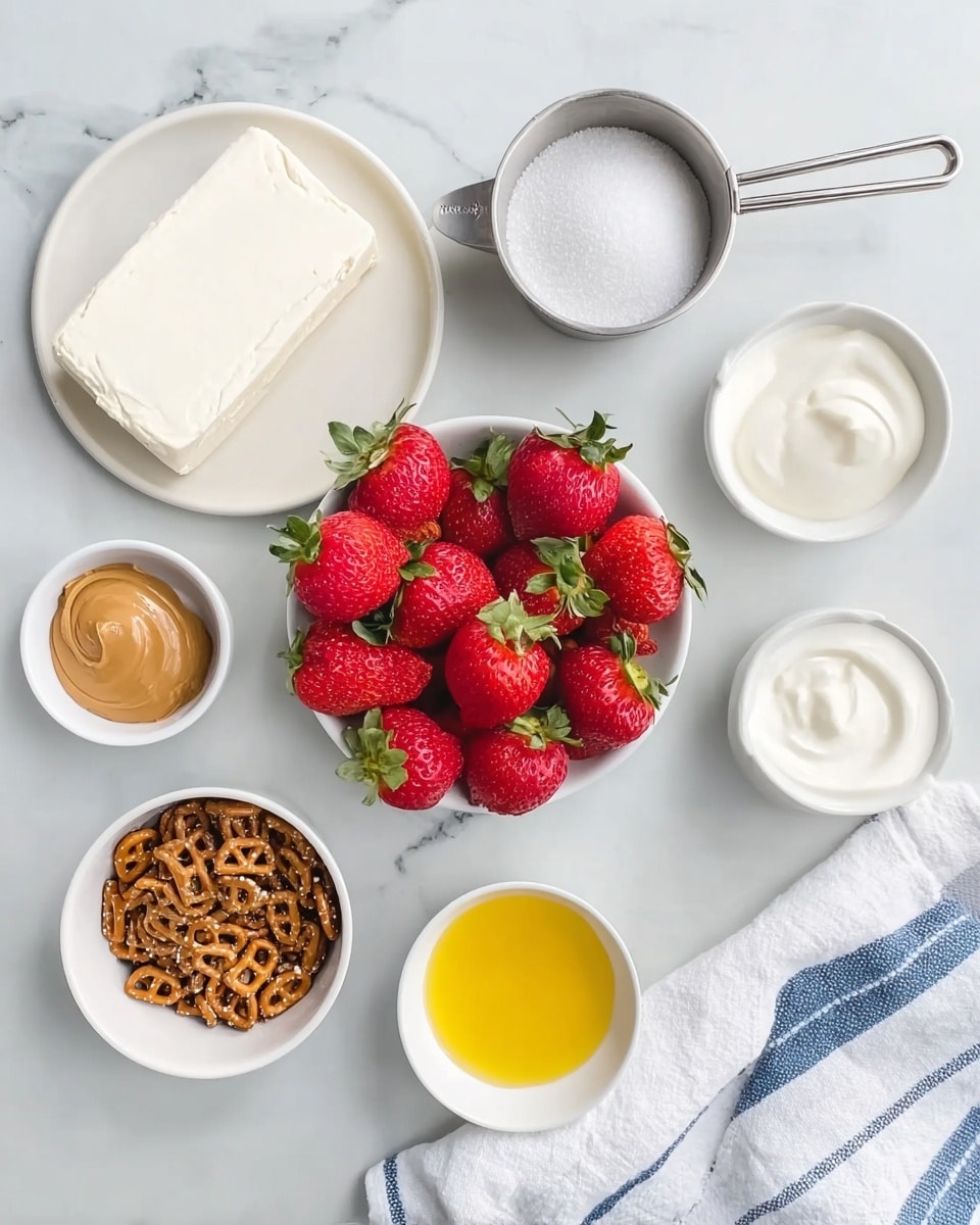 The image shows a top view of several small white bowls and plates arranged on a white marbled surface. In the center, there's a bowl filled with bright red strawberries with green leaves. To the left, a plate holds a block of cream cheese, while a nearby bowl contains brown crushed pretzels or crumbs. Around these, small pretzel pieces are scattered. Above the strawberries is a metal measuring cup filled with white granulated sugar, and near it, a small light brown clump that looks like peanut butter. To the right is a small bowl of white yogurt or sour cream and an empty white bowl above it. Below the strawberries, a small white bowl contains bright yellow melted butter or oil. There is also a folded white kitchen towel with blue stripes in the bottom right corner. Photo taken with an iphone --ar 4:5 --v 7