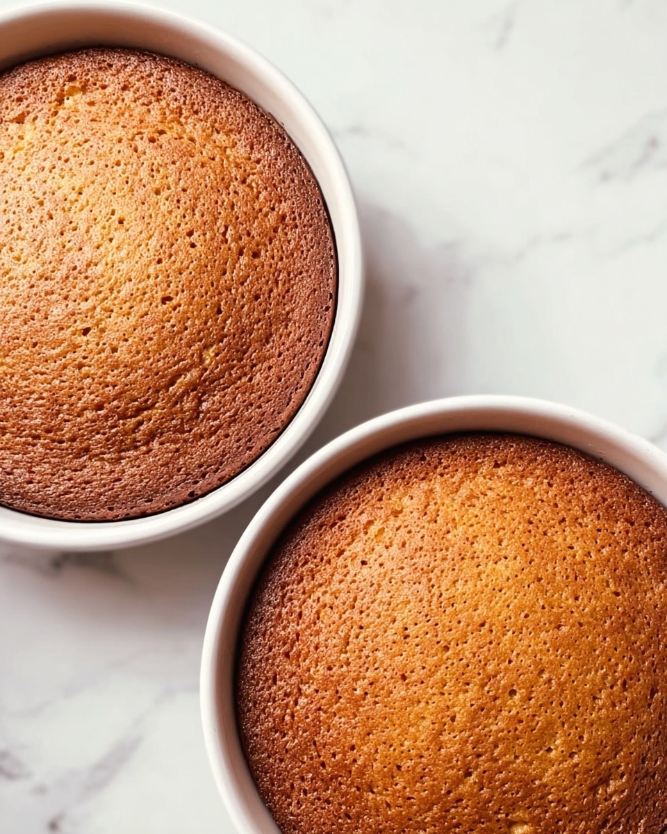 The image shows two round cakes baked in white bowls, placed on a white marbled surface. Each cake has one layer, with a golden brown top that looks slightly textured and evenly baked. The cakes fill the bowls, showing smooth, rounded edges, and the surface of the cakes has small holes spread evenly across. The lighting is bright, highlighting the warm brown color and soft texture of the cakes. Photo taken with an iphone --ar 4:5 --v 7