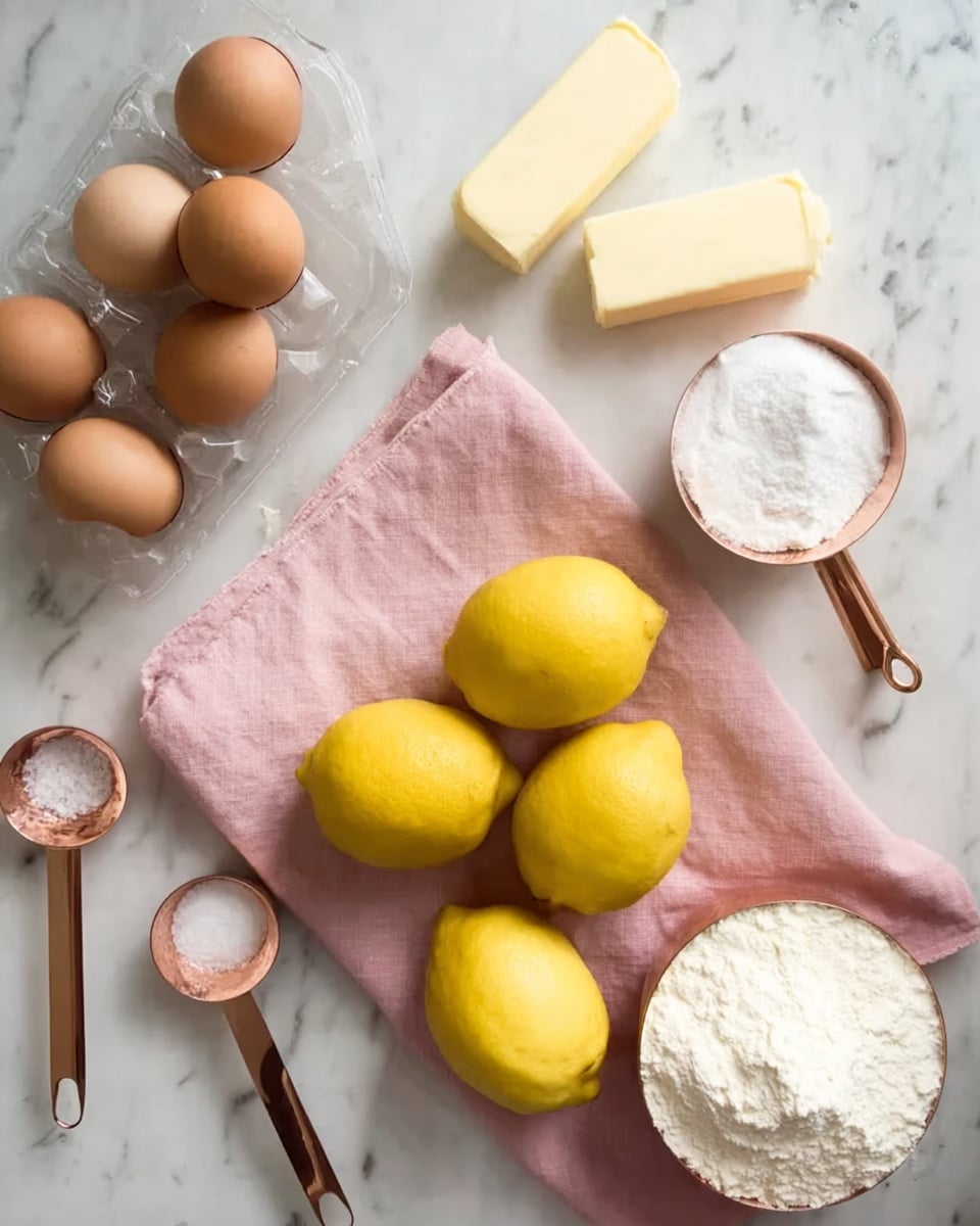 The image shows a white marbled surface with a pink cloth spread in the center. On the pink cloth, there are five bright yellow lemons grouped together toward the middle right. On the upper left of the cloth, there is a transparent egg carton with several brown eggs, some outside the carton. Above the eggs, there are two sticks of butter in light yellow wrappers. On the top right corner of the image, a copper measuring cup holds white powdered sugar. In the lower left corner on the white marble, two copper measuring spoons contain coarse salt and white sugar. At the bottom right, another copper measuring cup is filled with white flour. Photo taken with an iphone --ar 4:5 --v 7