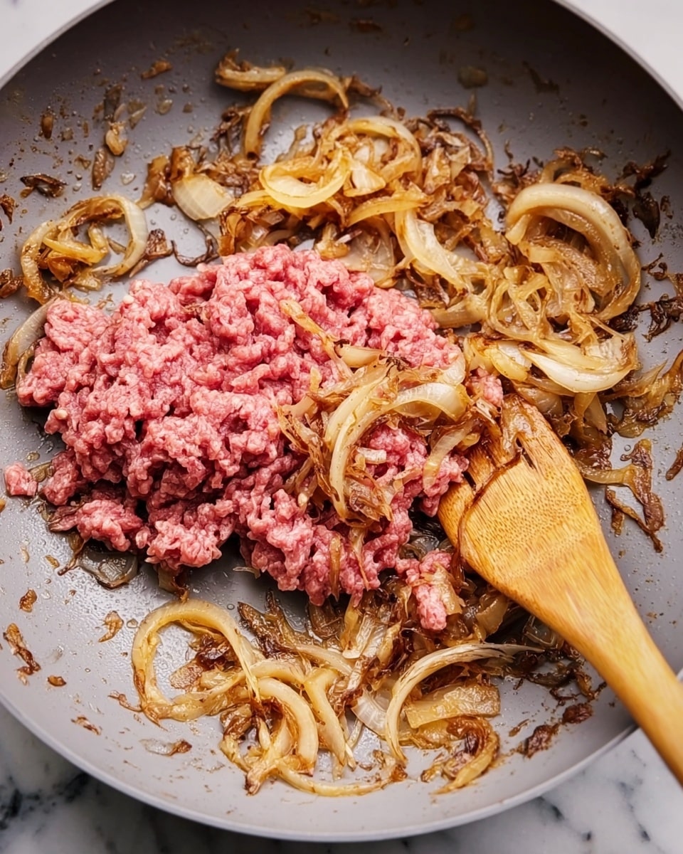 A close-up view of a gray pan with raw pink ground beef placed in the center, surrounded by golden-brown fried onion slices. A wooden spatula is resting on the right side of the pan, with its edge touching the beef. The onions have a slightly crispy texture and are spread unevenly around the beef. The background is a white marbled surface. photo taken with an iphone --ar 4:5 --v 7