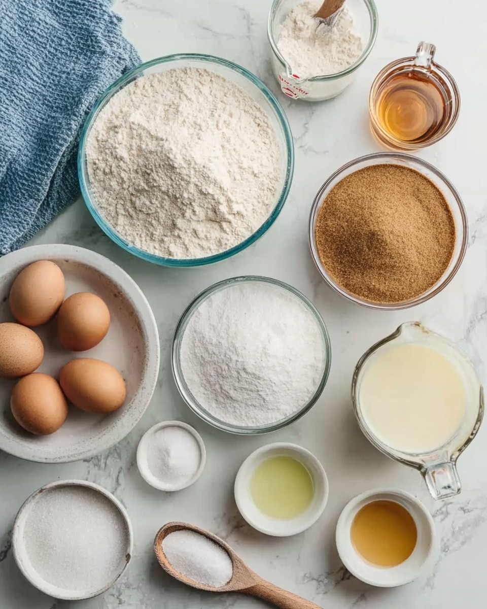 The image shows multiple clear glass and white bowls arranged on a white marbled surface, each filled with baking ingredients. There is one large bowl filled with white flour, a slightly smaller bowl with light brown sugar, another bowl with white granulated sugar, and a bowl with a light powder, possibly baking powder or flour. Three brown eggs sit together in a white bowl. A clear glass measuring cup holds a light beige liquid, likely milk or cream, while a smaller white bowl contains a light yellow liquid, probably oil. Another small glass bowl holds a white powder, and a small wooden spoon filled with a white powder is placed nearby. A small white cup contains a golden liquid, likely honey or syrup. In the top left corner, a glass measuring cup with a small amount of white liquid sits on a blue cloth. The overall look is clean and organized, with a focus on the different textures and colors of the ingredients photo taken with an iphone --ar 4:5 --v 7