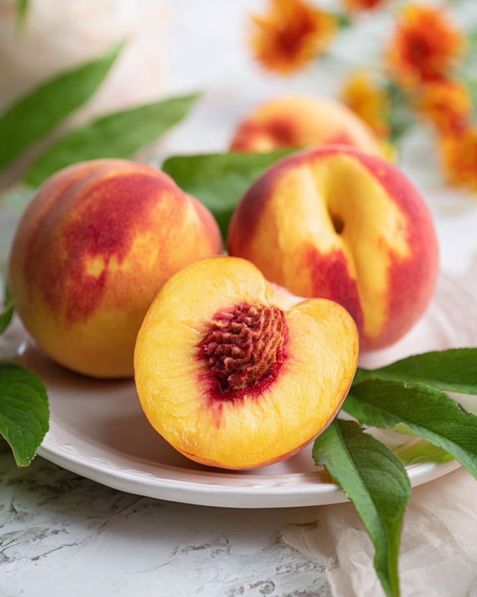 The image shows a close-up of fresh peaches on a white plate. One peach is cut in half, positioned in the front center, showing its bright yellow flesh with a reddish-brown textured seed in the middle. Behind it, two whole peaches with a mix of yellow and red skin sit next to the sliced one. There are green leaves around the peaches, adding a touch of natural color. The plate is set on a white marbled surface with soft natural light and some blurred orange flowers in the background. Photo taken with an iphone --ar 4:5 --v 7