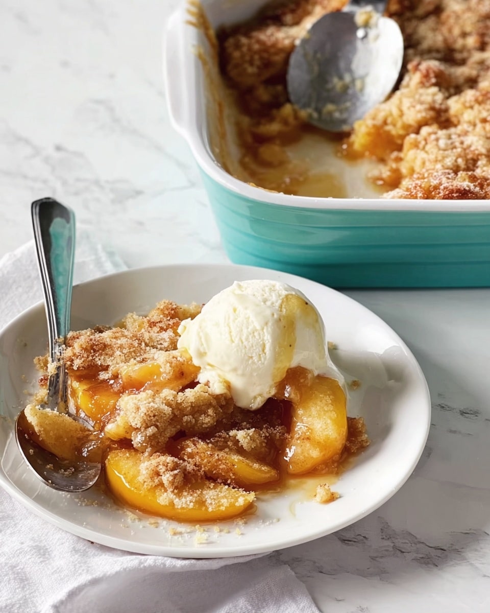 The image shows a white plate with a serving of peach cobbler and a scoop of creamy vanilla ice cream on the right side. The peach cobbler has a crumbly golden-brown crust with soft, juicy peach slices visible underneath. The ice cream is smooth and melting slightly around the edges, creating small pools of cream on the plate. A silver spoon with some cobbler and ice cream is resting on the plate’s top left edge. Above the plate, there is a white baking dish with a teal rim containing the remaining peach cobbler with a large metal serving spoon inside, sitting on a white marbled surface. The scene is softly lit, capturing the warm, inviting textures of the dessert. photo taken with an iphone --ar 4:5 --v 7