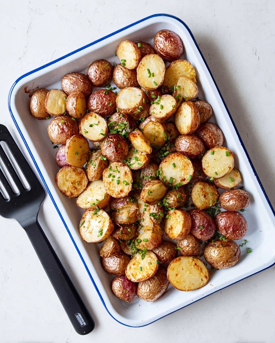 This image shows a white rectangular tray filled evenly with roasted baby potatoes, each potato mostly halved, displaying a mix of golden brown and light creamy yellow surfaces with a slightly crispy texture. The skins are a reddish-brown color, adding contrast to the lighter potato flesh inside. Small green chive pieces are sprinkled evenly over the potatoes, adding a touch of fresh color. The tray has a blue rim and is placed on a white marbled surface. A black slotted spatula rests near the bottom left corner of the tray. Photo taken with an iphone --ar 4:5 --v 7