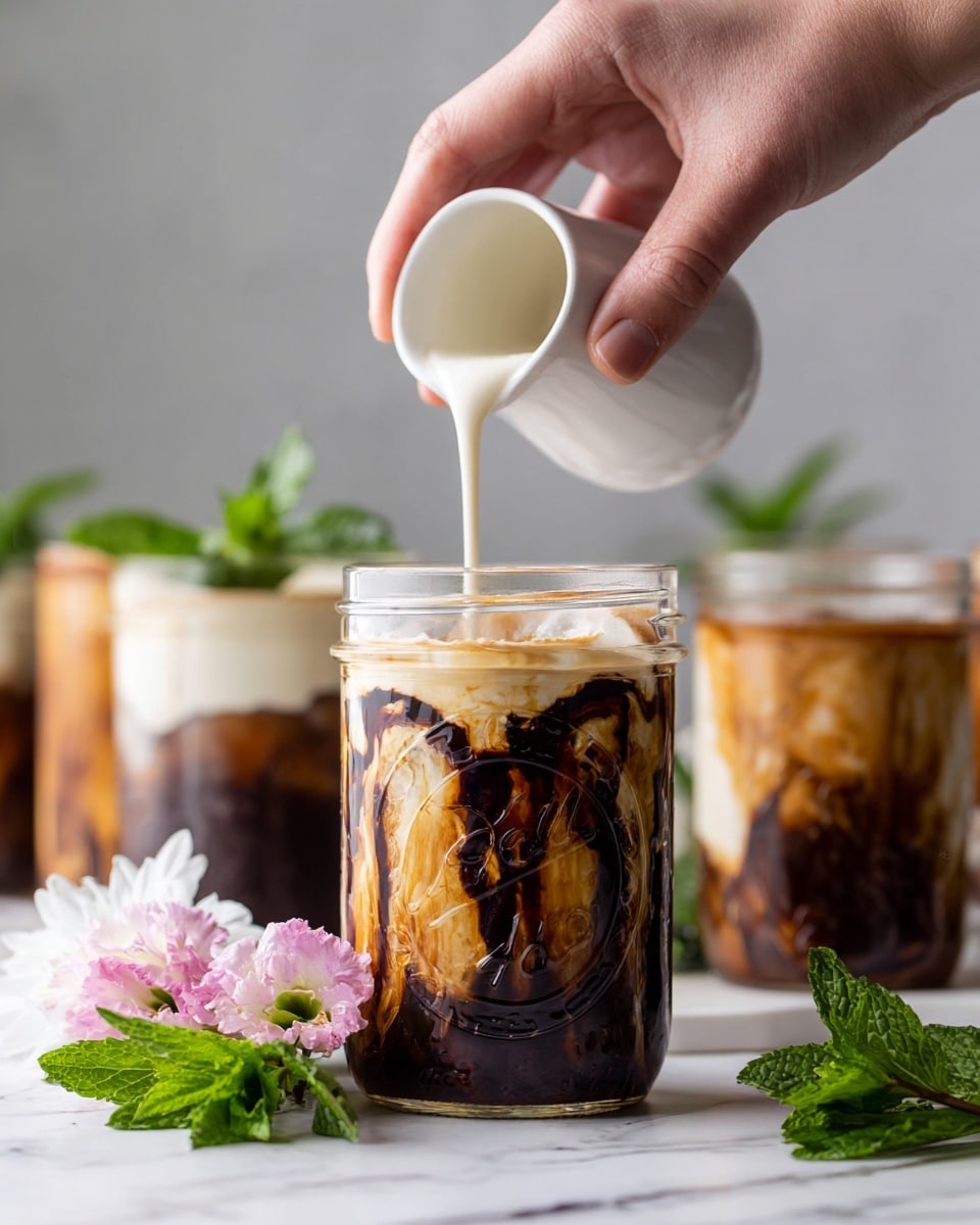 There is a clear glass jar filled with dark brown liquid that has thick dark chocolate syrup running down the inside creating a rich textured pattern. On top of the dark liquid is a layer of cream or milk foam with a smooth light beige color. A woman's hand is holding a small white pitcher above the jar, pouring a thin stream of white liquid that starts blending with the cream layer. In the background, there are more jars with a similar drink that have a light brown coffee color and streaks of chocolate syrup inside. The setting includes green mint leaves and soft pink and white flowers placed on a white marbled surface. photo taken with an iphone --ar 4:5 --v 7