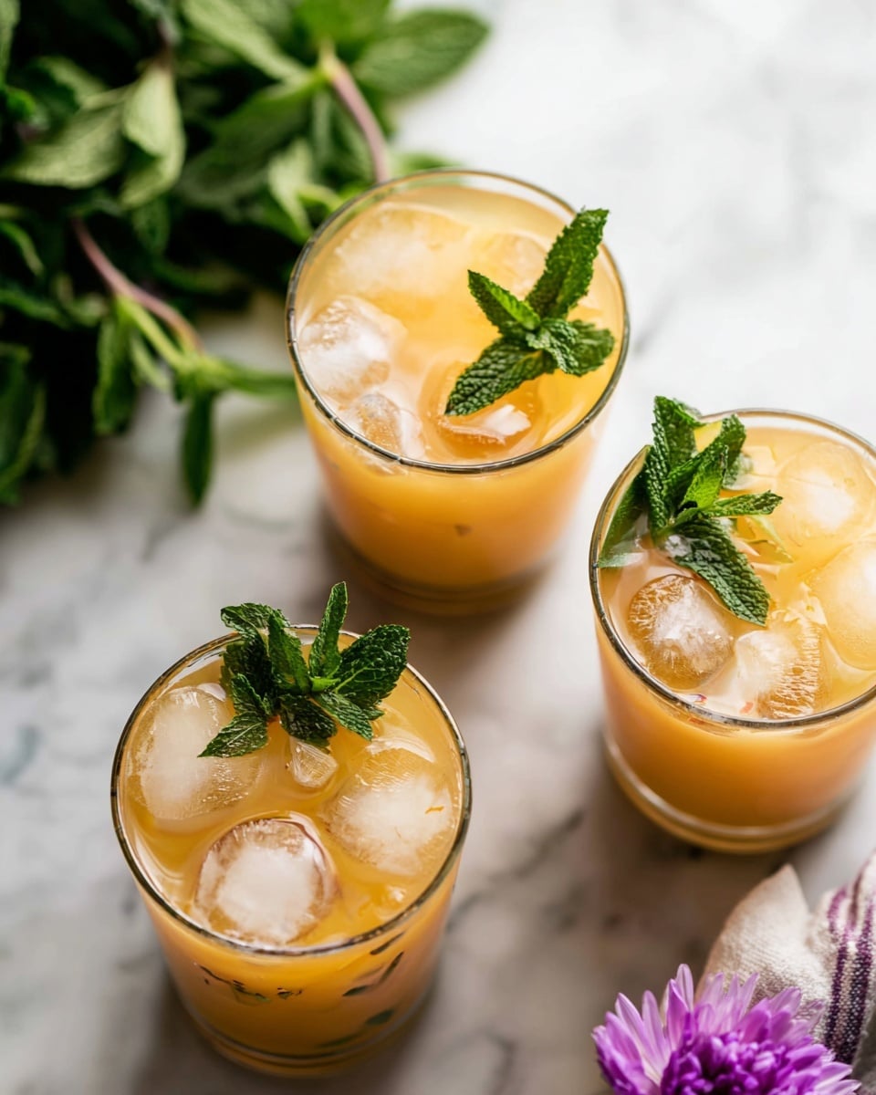 Three glass cups are filled with light orange iced drink, each cup containing several clear ice cubes floating on top. Each drink is garnished with a small bunch of bright green mint leaves placed on one side of the rim. The cups are set on a white marbled surface with a blurred bunch of green mint leaves at upper left and a purple flower with a striped cloth at bottom right. The photo taken with an iphone --ar 4:5 --v 7