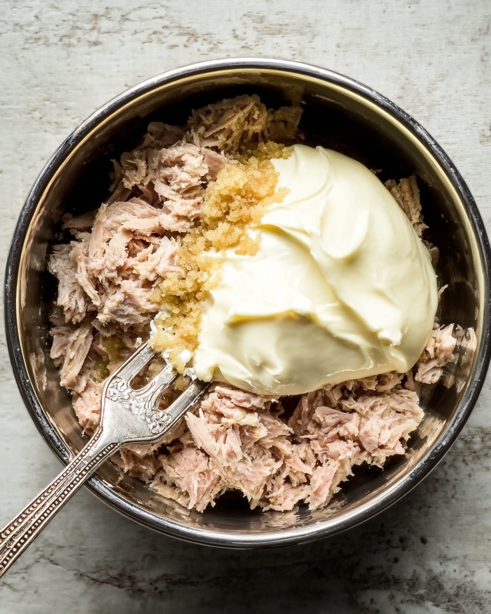 A close-up top view of a round silver metal bowl containing three main layers: at the bottom, light brown shredded tuna; in the middle, a small amount of golden brown minced garlic and oil spread unevenly; on top, a thick dollop of creamy off-white mayonnaise partially mixed into the tuna. A vintage, detailed silver fork rests inside the bowl on the left side, touching the mayonnaise and tuna. The bowl is placed on a white marbled surface. photo taken with an iphone --ar 4:5 --v 7