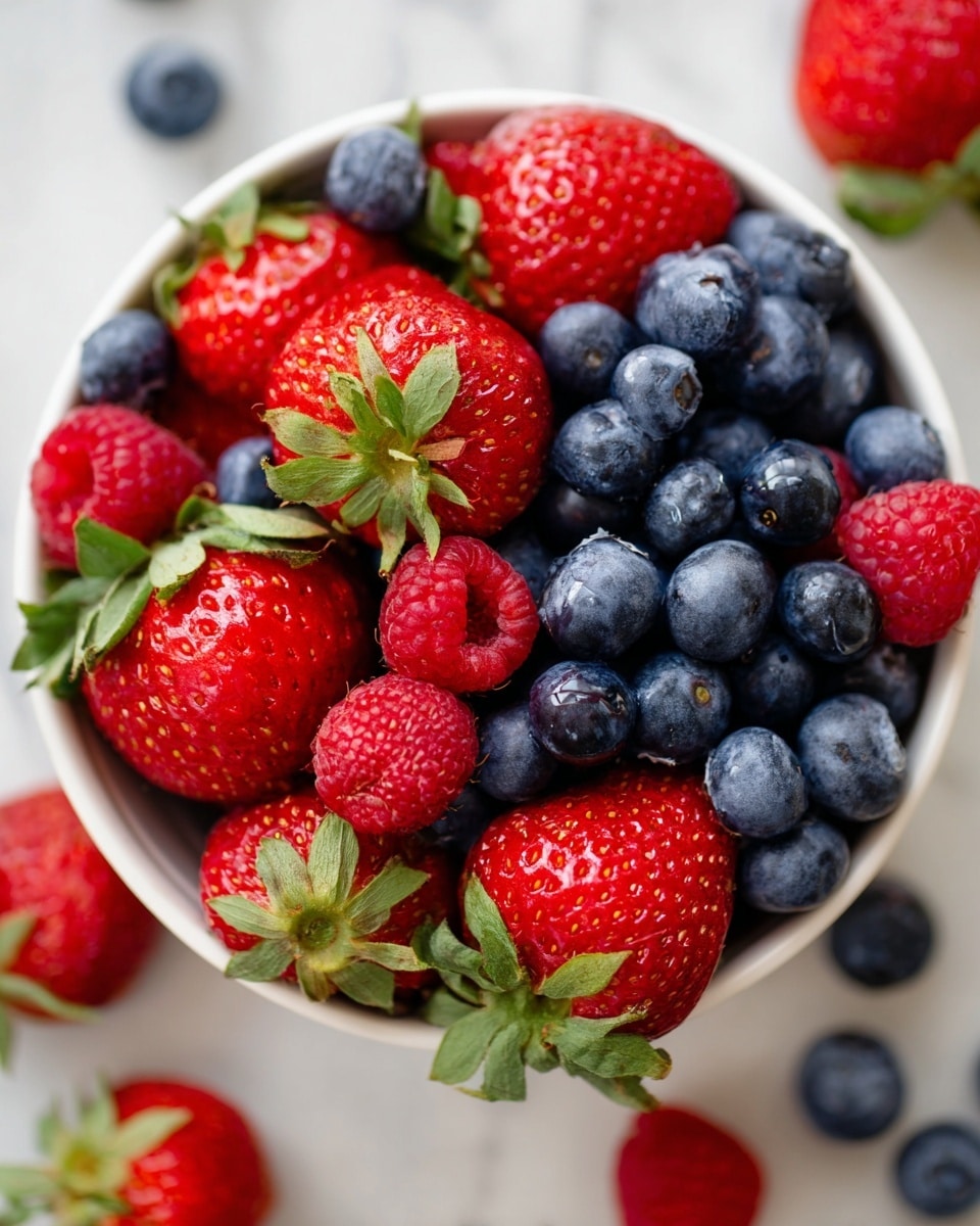 A white bowl filled with a mix of bright red strawberries with green leaves, blue blueberries, and red raspberries. The berries are piled high, showing different textures: the shiny, smooth skin of strawberries, the bumpy surface of raspberries, and the round, firm blueberries. The bowl is placed on a white marbled surface, with a few berries scattered nearby. The photo is close-up, showing fresh, ripe fruit colors and details clearly. photo taken with an iphone --ar 4:5 --v 7